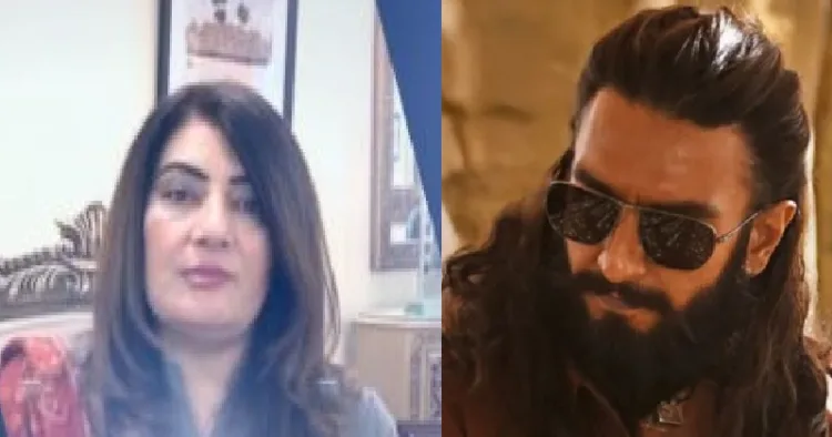 സോബിയ ഷാഹീദ് (ഇടത്ത്) ധുരന്ധര്‍ സിനിമയിലെ റോ ഏജന്‍റായി അഭിനയിക്കുന്ന രണ്‍വീര്‍ സിങ്ങ് (വലത്ത്)