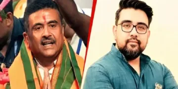 സുവേന്ദു അധികാരി (ഇടത്ത്) തൃണമൂല്‍ നേതാവ് റിജു ദത്ത (വലത്ത്)