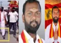 നഗ്നപാദനായി നടന്നുവരുന്ന ടിവികെ എംഎല്‍എ തെന്ദ്രല്‍കുമാര്‍ (ഇടത്ത്) തെന്ദ്രല്‍കുമാര്‍ (നടുവില്‍) തെന്ദ്രന്‍കുമാര്‍ ജോസഫ് വിജയിനൊപ്പം (വലത്ത്)