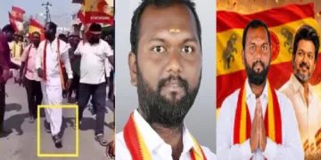 നഗ്നപാദനായി നടന്നുവരുന്ന ടിവികെ എംഎല്‍എ തെന്ദ്രല്‍കുമാര്‍ (ഇടത്ത്) തെന്ദ്രല്‍കുമാര്‍ (നടുവില്‍) തെന്ദ്രന്‍കുമാര്‍ ജോസഫ് വിജയിനൊപ്പം (വലത്ത്)