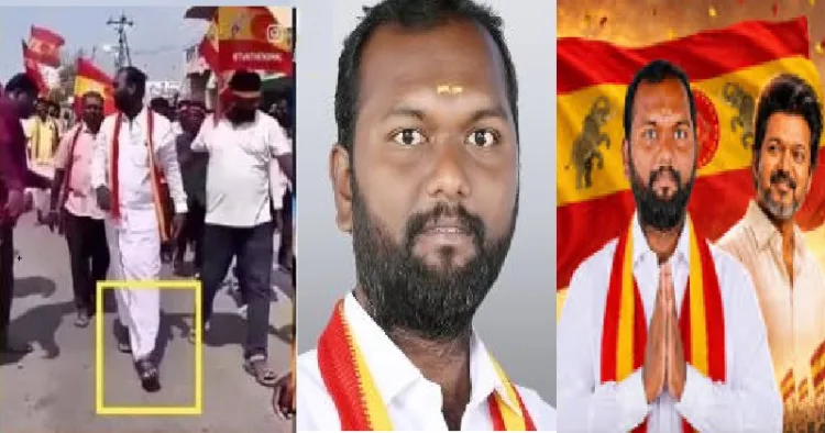 നഗ്നപാദനായി നടന്നുവരുന്ന ടിവികെ എംഎല്‍എ തെന്ദ്രല്‍കുമാര്‍ (ഇടത്ത്) തെന്ദ്രല്‍കുമാര്‍ (നടുവില്‍) തെന്ദ്രന്‍കുമാര്‍ ജോസഫ് വിജയിനൊപ്പം (വലത്ത്)