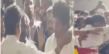 നടന്‍ ജീവയുടെ അച്ഛന്‍ ആര്‍.ബി ചൗധരിയുടെ മരണവാര്‍ത്ത കേട്ട് വീട്ടിലെത്തിയ വിജയ് ജീവയെ കാണുന്നു (ഇടത്ത്) വിജയ് ജീവയെ കെട്ടിപ്പുണരുന്നു (വലത്ത്)