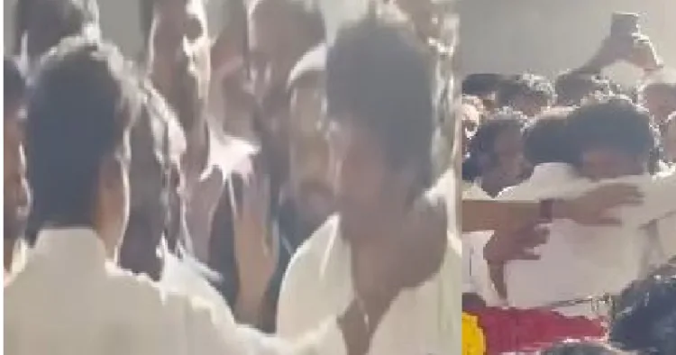 നടന്‍ ജീവയുടെ അച്ഛന്‍ ആര്‍.ബി ചൗധരിയുടെ മരണവാര്‍ത്ത കേട്ട് വീട്ടിലെത്തിയ വിജയ് ജീവയെ കാണുന്നു (ഇടത്ത്) വിജയ് ജീവയെ കെട്ടിപ്പുണരുന്നു (വലത്ത്)