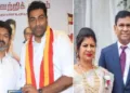 ആദവ് അര്‍ജുനയ്ക്കൊപ്പം വിജയ് (ഇടത്ത്) ലോട്ടറി രാജാവ് സാന്‍റിയാഗോ മാര്‍ട്ടിനും ഭാര്യ ലീമ റോസും (വലത്ത്)