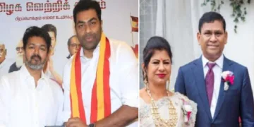 ആദവ് അര്‍ജുനയ്ക്കൊപ്പം വിജയ് (ഇടത്ത്) ലോട്ടറി രാജാവ് സാന്‍റിയാഗോ മാര്‍ട്ടിനും ഭാര്യ ലീമ റോസും (വലത്ത്)