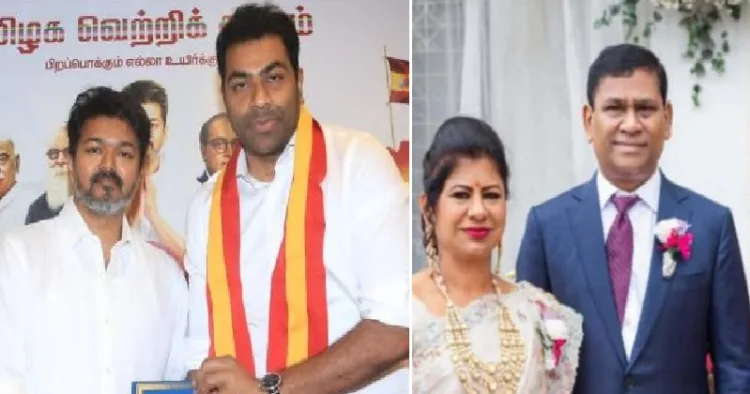 ആദവ് അര്‍ജുനയ്ക്കൊപ്പം വിജയ് (ഇടത്ത്) ലോട്ടറി രാജാവ് സാന്‍റിയാഗോ മാര്‍ട്ടിനും ഭാര്യ ലീമ റോസും (വലത്ത്)