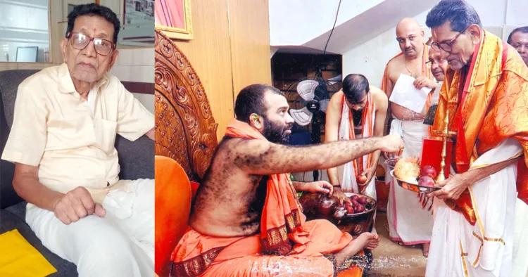 കാശി മഠാധിപതി സ്വാമി സംയമീന്ദ്രതീര്‍ത്ഥ വിശ്വനാഥ പ്രഭുവിനെ ആദരിക്കുന്നു