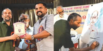 1. യുവ എഴുത്തുകാര്‍ക്ക് തപസ്യ സംഘടിപ്പിച്ച ലേഖന മത്സര വിജയിക്കുള്ള വി.എം. കൊറാത്ത് പുരസ്‌കാരം യുവ ഗവേഷകന്‍ സുബിന്‍ ധര്‍മ്മലിന് ആര്‍ട്ടിസ്റ്റ് മദനന്‍ സമ്മാനിക്കുന്നു, 2. വി.എം. കൊറാത്ത് ജന്മശതാബ്ദി സമ്മേളനത്തില്‍ ആര്‍ട്ടിസ്റ്റ് മദനന്‍ കൊറാത്തിന്റെ ചിത്രം വരച്ചപ്പോള്‍