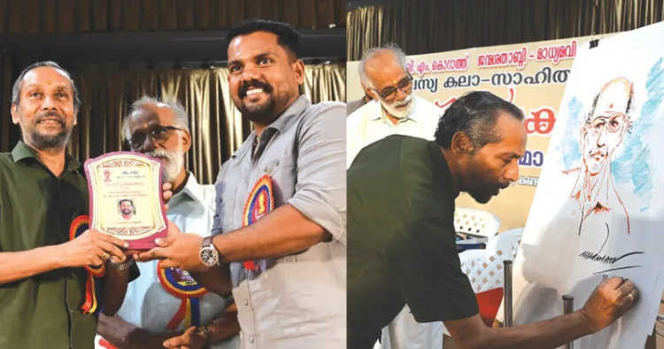 1. യുവ എഴുത്തുകാര്‍ക്ക് തപസ്യ സംഘടിപ്പിച്ച ലേഖന മത്സര വിജയിക്കുള്ള വി.എം. കൊറാത്ത് പുരസ്‌കാരം യുവ ഗവേഷകന്‍ സുബിന്‍ ധര്‍മ്മലിന് ആര്‍ട്ടിസ്റ്റ് മദനന്‍ സമ്മാനിക്കുന്നു, 2. വി.എം. കൊറാത്ത് ജന്മശതാബ്ദി സമ്മേളനത്തില്‍ ആര്‍ട്ടിസ്റ്റ് മദനന്‍ കൊറാത്തിന്റെ ചിത്രം വരച്ചപ്പോള്‍