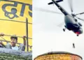 വാട്ടര്‍ ടാങ്കിന് മുകളില്‍ കുടുങ്ങിയ പവന്‍, കല്ലു എന്നിവര്‍, കുടുങ്ങിയ കുട്ടികളെ രക്ഷിക്കാനെത്തിയ എന്‍ഡിആര്‍എഫ് സംഘം ഹെലികോപ്ടറില്‍നിന്ന് പുറത്തിറങ്ങുന്നു
