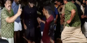 എസ് എഫ് ഐക്കാരോട് റോഡില്‍ കുത്തിയിരുന്ന് സമരം ചെയ്യാന്‍ കല്‍പിക്കുന്ന എ.എ. റഹിം (ഇടത്ത്) എസ് എഫ് ഐക്കാരെ പൊലീസ് തല്ലുമ്പോള്‍ ഓടിരക്ഷപ്പെടുന്ന എ.എ. റഹിം. (വലത്ത്)