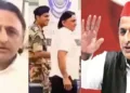 ലണ്ടന്‍ യാത്രയില്‍ ചുവന്ന തൊപ്പിയില്ലാതെ, ജീന്‍സും ടീ ഷര്‍ട്ടും ധരിച്ച് കാണപ്പെട്ട അഖിലേഷ് യാദവ് (ഇടത്ത്) ചുവന്ന തൊപ്പിയും കുര്‍ത്തയും ധരിച്ച് പ്രത്യക്ഷപ്പെടാറുള്ള അഖിലേഷ് യാദവ് (വലത്ത്)