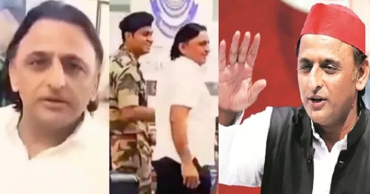 ലണ്ടന്‍ യാത്രയില്‍ ചുവന്ന തൊപ്പിയില്ലാതെ, ജീന്‍സും ടീ ഷര്‍ട്ടും ധരിച്ച് കാണപ്പെട്ട അഖിലേഷ് യാദവ് (ഇടത്ത്) ചുവന്ന തൊപ്പിയും കുര്‍ത്തയും ധരിച്ച് പ്രത്യക്ഷപ്പെടാറുള്ള അഖിലേഷ് യാദവ് (വലത്ത്)