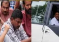 ആര്യയും സച്ചിന്‍ദേവും ഉച്ചവെയിലില്‍ കുത്തിയിരുന്ന് പ്രകടനത്തില്‍ മുദ്രാവാക്യം വിളിക്കുന്നു (ഇടത്ത്) നിയമസഭയുടെ എസി ബസ് ഓടിച്ച് അതുവഴിയേ പോകുന്ന ഡ്രൈവര്‍ യദു (വലത്ത്) ആര്യ മേയറും സച്ചിന്‍ ദേവ് എംഎല്‍എയും ആയിരിക്കുമ്പോള്‍ യദുവിന്‍റെ കെഎസ്ആര്‍ടിസി ജോലി തെറിപ്പിക്കാന്‍ ഇവര്‍ ശ്രമിച്ചിരുന്നു.