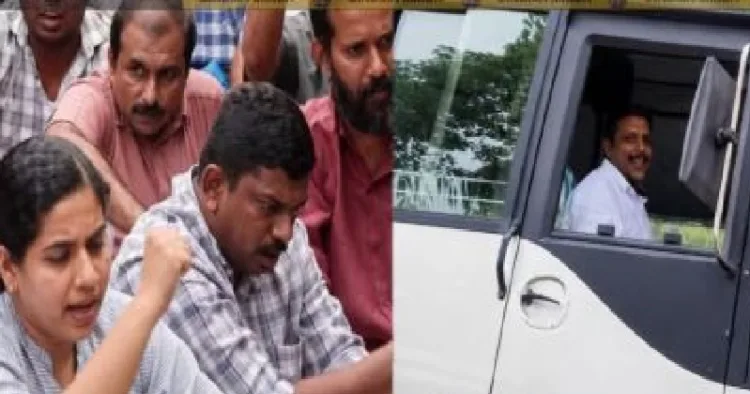 ആര്യയും സച്ചിന്‍ദേവും ഉച്ചവെയിലില്‍ കുത്തിയിരുന്ന് പ്രകടനത്തില്‍ മുദ്രാവാക്യം വിളിക്കുന്നു (ഇടത്ത്) നിയമസഭയുടെ എസി ബസ് ഓടിച്ച് അതുവഴിയേ പോകുന്ന ഡ്രൈവര്‍ യദു (വലത്ത്) ആര്യ മേയറും സച്ചിന്‍ ദേവ് എംഎല്‍എയും ആയിരിക്കുമ്പോള്‍ യദുവിന്‍റെ കെഎസ്ആര്‍ടിസി ജോലി തെറിപ്പിക്കാന്‍ ഇവര്‍ ശ്രമിച്ചിരുന്നു.