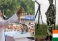 ബംഗ്ലാദേശിലെ ഇസ്ലാമിസ്റ്റ് ജമാഅത്തെ നേതാവ് പ്രസംഗിക്കുന്നു (ഇടത്ത്) ഇന്ത്യ ബംഗ്ലാദേശ് അതിര്‍ത്തിയില്‍ തോക്ക് ധാരികളായ ഇന്ത്യയുടെ ബിഎസ് എഫ് ജവാന്മാര്‍ (വലത്ത്)