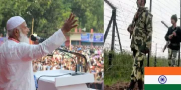 ബംഗ്ലാദേശിലെ ഇസ്ലാമിസ്റ്റ് ജമാഅത്തെ നേതാവ് പ്രസംഗിക്കുന്നു (ഇടത്ത്) ഇന്ത്യ ബംഗ്ലാദേശ് അതിര്ത്തിയില് തോക്ക് ധാരികളായ ഇന്ത്യയുടെ ബിഎസ് എഫ് ജവാന്മാര് (വലത്ത്)