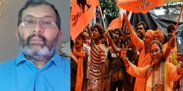 ബിനോജ് നായര്‍ (ഇടത്ത്) ബംഗാളിലെ‍ ബിജെപിയുടെ വിജയം ആഘോഷിക്കുന്ന അനുഭാവികള്‍ (വലത്ത്)