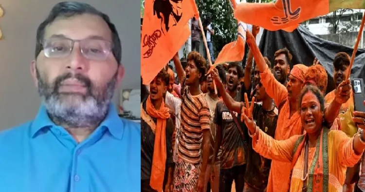 ബിനോജ് നായര്‍ (ഇടത്ത്) ബംഗാളിലെ‍ ബിജെപിയുടെ വിജയം ആഘോഷിക്കുന്ന അനുഭാവികള്‍ (വലത്ത്)