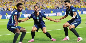 ബ്രസീല്‍ താരങ്ങളായ വിനിഷ്യസ് ജൂനിയര്‍, കൂഞ്ഞ, പക്വേറ്റ എന്നിവര്‍ ഗോളാഘോഷത്തില്‍