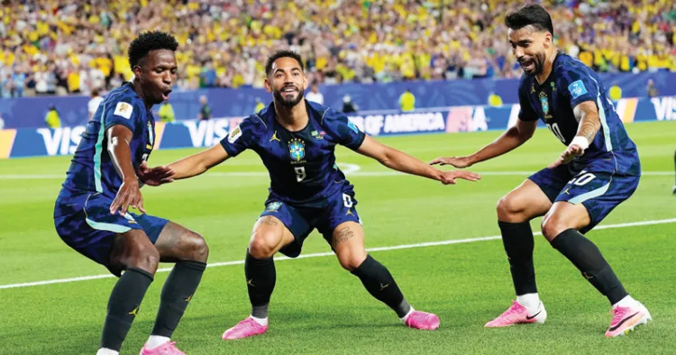 ബ്രസീല് താരങ്ങളായ വിനിഷ്യസ് ജൂനിയര്, കൂഞ്ഞ, പക്വേറ്റ എന്നിവര് ഗോളാഘോഷത്തില്