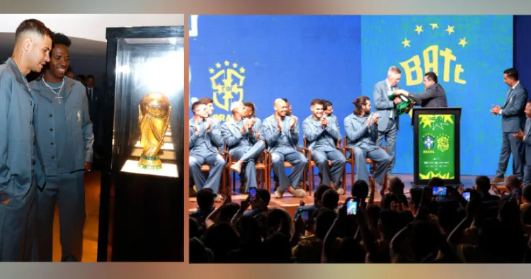 1. ബ്രൂണോ ഗുമെയ്‌റസും വിനിഷ്യസ് ജൂനിയറും ഫുട്‌ബോള്‍ മ്യൂസിയത്തില്‍ ബ്രസീല്‍ മുമ്പ് നേടിയ ലോക കിരീടത്തിനു മുന്നില്‍... 2. ബ്രസീലിയന്‍ ഫുട്‌ബോള്‍ കോണ്‍ഫെഡറേഷന്റെ നേതൃത്വത്തിലുള്ള യാത്രയയപ്പ്‌