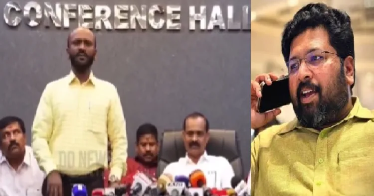തിരുവനന്തപുരം കോര്‍പറേഷന്‍ ജീവനക്കാരനായ യൂസഫ് മേയറുടെ വാര്‍ത്തസമ്മേളനത്തില്‍ ശബരീനാഥന്‍ ഒപ്പിടുന്ന രജിസ്റ്റര്‍ കൈക്കലാക്കിയ കാര്യം വിശദീകരിക്കുന്നു (ഇടത്ത്)