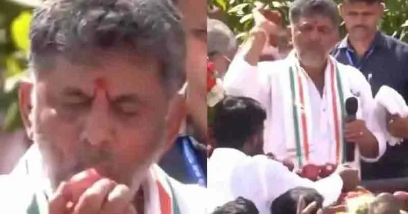 മുഖ്യമന്ത്രിയായ ആഘോഷത്തിനിടെ ആപ്പിൾ കടിച്ചു തിന്നതിന്റെ ബാക്കി ആൾക്കൂട്ടത്തിലേക്ക് എറിഞ്ഞ് ഡി.കെ ശിവകുമാർ; വീഡിയോ വൈറലാകുന്നു