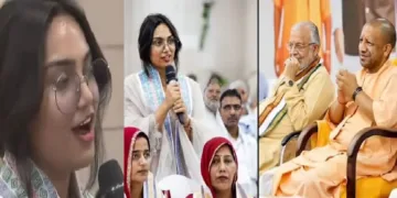 ഡോ. ഹിറ റാഷിദ് യോഗിയുടെ വികസനങ്ങളെ പുകഴ്ത്തിപ്പറയുന്നു.ഇളം പുഞ്ചിരിയോട് അത് കേട്ടിരിക്കുന്ന യോഗി ആദിത്യനാഥ് (വലത്ത്) ഡോ. ഹിറ റാഷിദ് (ഇടത്ത്)