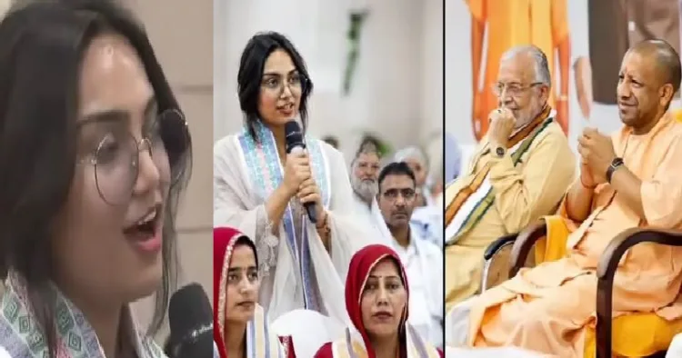 ഡോ. ഹിറ റാഷിദ് യോഗിയുടെ വികസനങ്ങളെ പുകഴ്ത്തിപ്പറയുന്നു.ഇളം പുഞ്ചിരിയോട് അത് കേട്ടിരിക്കുന്ന യോഗി ആദിത്യനാഥ് (വലത്ത്) ഡോ. ഹിറ റാഷിദ് (ഇടത്ത്)