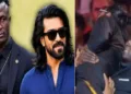 രാം ചരണിനടുത്തേക്ക് സുരക്ഷവലയം ഭേദിച്ച വന്നവനെ രാം ചരണിന്റെ അംഗരക്ഷകന് കെവിന് കുന്ത പൊക്കിയെടുത്ത് കൊണ്ടുപോകുന്നു (വലത്ത്) രാം ചരണും കെവിന് കുന്തയും (ഇടത്ത്)