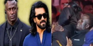 രാം ചരണിനടുത്തേക്ക് സുരക്ഷവലയം ഭേദിച്ച വന്നവനെ രാം ചരണിന്‍റെ അംഗരക്ഷകന്‍ കെവിന്‍ കുന്ത പൊക്കിയെടുത്ത് കൊണ്ടുപോകുന്നു (വലത്ത്) രാം ചരണും കെവിന്‍ കുന്തയും (ഇടത്ത്)