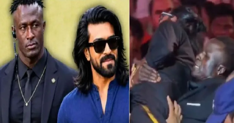 രാം ചരണിനടുത്തേക്ക് സുരക്ഷവലയം ഭേദിച്ച വന്നവനെ രാം ചരണിന്‍റെ അംഗരക്ഷകന്‍ കെവിന്‍ കുന്ത പൊക്കിയെടുത്ത് കൊണ്ടുപോകുന്നു (വലത്ത്) രാം ചരണും കെവിന്‍ കുന്തയും (ഇടത്ത്)