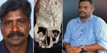 ഒരു ലാബില്‍ നിന്നും എടുത്ത തലയോട്ടിയുമായി വന്ന് ഇത് ധര്‍മ്മസ്ഥലയില്‍ നിന്നുള്ളതാണെന്നും ആയിരക്കണക്കിന് സ്ത്രീകളുടെ തലയോട്ടികള്‍ അവിടെ ഉണ്ടെന്നും നുണ പറഞ്ഞ് ധര്‍മ്മസ്ഥലയെ വിവാദഭൂമിയാക്കിയ ചിന്നയ്യ (ഇടത്ത്) ഏതോ ഗവേഷണലാബില്‍ നിന്നും ചിന്നയ്യ കൊണ്ടുവന്ന തലയോട്ടി (നടുവില്‍) ധര്‍മ്മസ്ഥലയില്‍ ആയിരക്കണക്കിന് സ്ത്രീകളെ കൊന്ന് കുഴിച്ചുമൂടിയെന്ന വിവാദം തുടക്കം മുതലേ ആളിക്കത്തിച്ച, കഴിഞ്ഞ ദിവസം വീണ്ടും ഇതേ ആരോപണം ആവര്‍ത്തിച്ച ലോറി ഉടമ മനാഫ് (വലത്ത്)
