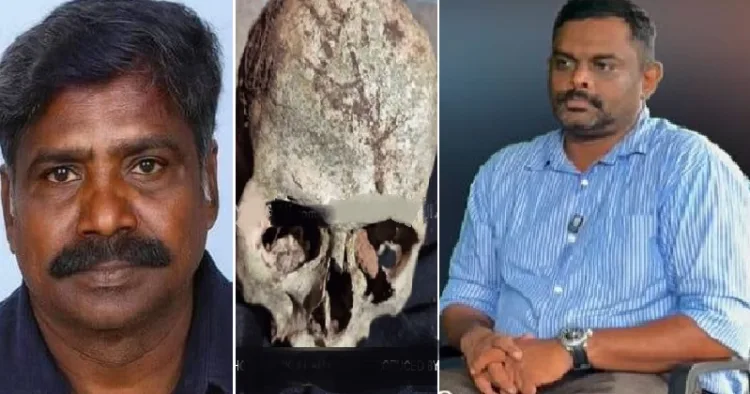 ഒരു ലാബില് നിന്നും എടുത്ത തലയോട്ടിയുമായി വന്ന് ഇത് ധര്മ്മസ്ഥലയില് നിന്നുള്ളതാണെന്നും ആയിരക്കണക്കിന് സ്ത്രീകളുടെ തലയോട്ടികള് അവിടെ ഉണ്ടെന്നും നുണ പറഞ്ഞ് ധര്മ്മസ്ഥലയെ വിവാദഭൂമിയാക്കിയ ചിന്നയ്യ (ഇടത്ത്) ഏതോ ഗവേഷണലാബില് നിന്നും ചിന്നയ്യ കൊണ്ടുവന്ന തലയോട്ടി (നടുവില്) ധര്മ്മസ്ഥലയില് ആയിരക്കണക്കിന് സ്ത്രീകളെ കൊന്ന് കുഴിച്ചുമൂടിയെന്ന വിവാദം തുടക്കം മുതലേ ആളിക്കത്തിച്ച, കഴിഞ്ഞ ദിവസം വീണ്ടും ഇതേ ആരോപണം ആവര്ത്തിച്ച ലോറി ഉടമ മനാഫ് (വലത്ത്)
