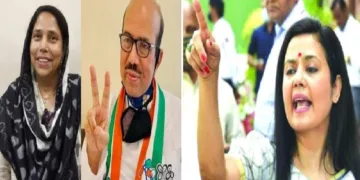 മഹുവ മൊയ്ത്ര (വലത്ത്) തൃണമൂല്‍ എംഎല്‍മാരായ സബീന യാസ്മിന്‍ (ഇടത്തേയറ്റം) ജാവേദ് അഹമ്മദ് ഖാന്‍(നടുവില്‍)