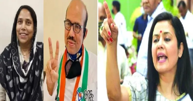മഹുവ മൊയ്ത്ര (വലത്ത്) തൃണമൂല്‍ എംഎല്‍മാരായ സബീന യാസ്മിന്‍ (ഇടത്തേയറ്റം) ജാവേദ് അഹമ്മദ് ഖാന്‍(നടുവില്‍)