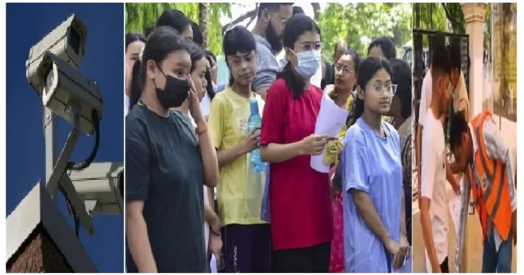 പരീക്ഷാ കേന്ദ്രങ്ങളില് സ്ഥാപിച്ച സിസിടിവി ക്യാമറകള് (ഇടത്ത്) കുട്ടികളെ കര്ശന പരിശോധനയ്ക്ക് സെക്യൂരിറ്റി ഉദ്യോഗസ്ഥര് പരിശോധനിക്കുന്നു (വലത്ത്)