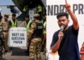 നീറ്റ് പരീക്ഷയ്ക്ക് ചോദ്യപേപ്പര്‍ സുരക്ഷിതമായി പരീക്ഷകേന്ദ്രത്തിലെത്തിക്കുന്ന അര്‍ധസൈനികര്‍ (ഇടത്ത്) നീറ്റിന് സുരക്ഷാവലയം കനപ്പിച്ചതോടെ പ്രസക്തിനഷ്ടമായ അഭിജിത് ദീപ്കെ കലാപത്തിനൊരുങ്ങുന്നു (വലത്ത്)
