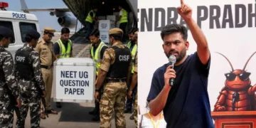 നീറ്റ് പരീക്ഷയ്ക്ക് ചോദ്യപേപ്പര് സുരക്ഷിതമായി പരീക്ഷകേന്ദ്രത്തിലെത്തിക്കുന്ന അര്ധസൈനികര് (ഇടത്ത്) നീറ്റിന് സുരക്ഷാവലയം കനപ്പിച്ചതോടെ പ്രസക്തിനഷ്ടമായ അഭിജിത് ദീപ്കെ കലാപത്തിനൊരുങ്ങുന്നു (വലത്ത്)