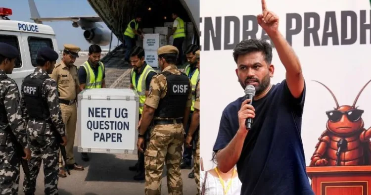 നീറ്റ് പരീക്ഷയ്ക്ക് ചോദ്യപേപ്പര്‍ സുരക്ഷിതമായി പരീക്ഷകേന്ദ്രത്തിലെത്തിക്കുന്ന അര്‍ധസൈനികര്‍ (ഇടത്ത്) നീറ്റിന് സുരക്ഷാവലയം കനപ്പിച്ചതോടെ പ്രസക്തിനഷ്ടമായ അഭിജിത് ദീപ്കെ കലാപത്തിനൊരുങ്ങുന്നു (വലത്ത്)