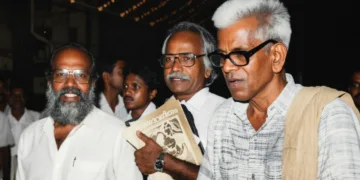 പ്രൊഫ. തുറവൂര്‍ വിശ്വംഭരന്‍, മഹാകവി അക്കിത്തം എന്നിവര്‍ക്കൊപ്പം പി. നാരായണക്കുറുപ്പ്‌