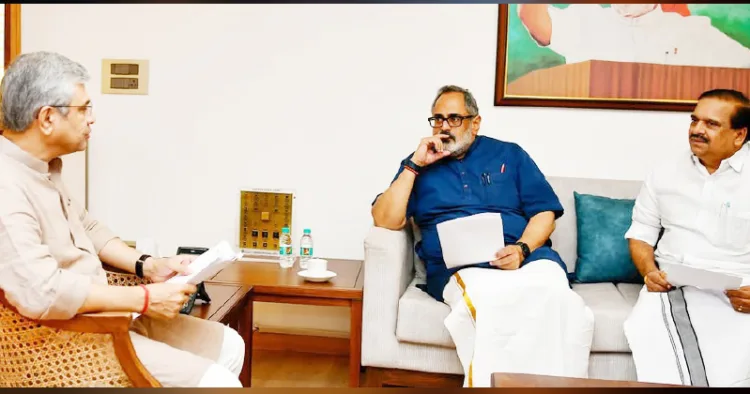 ബിജെപി സംസ്ഥാന അധ്യക്ഷന് രാജീവ് ചന്ദ്രശേഖര് എംഎല്എ ദല്ഹിയില് കേന്ദ്ര റെയില്വേ മന്ത്രി അശ്വിനി വൈഷ്ണവുമായി കൂടിക്കാഴ്ച നടത്തിയപ്പോള്. റെയില്വേ പാസഞ്ചര് അമിനിറ്റീസ് കമ്മിറ്റി മുന് ചെയര്മാന് പി.കെ. കൃഷ്ണദാസ് സമീപം