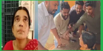 സ്കൂളിലെ പ്രഥമാധ്യാപിക (ഇടത്ത്) പ്രഥമാധ്യാപികയെ ചോദ്യംചെയ്യുന്ന മുസ്ലിം യുവാക്കള്‍ (വലത്ത്)