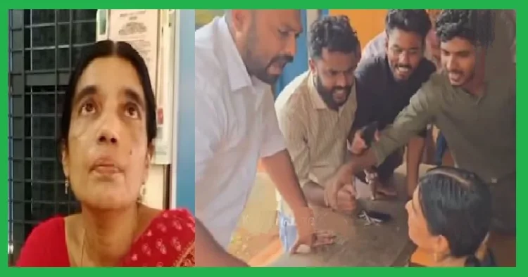 സ്കൂളിലെ പ്രഥമാധ്യാപിക (ഇടത്ത്) പ്രഥമാധ്യാപികയെ ചോദ്യംചെയ്യുന്ന മുസ്ലിം യുവാക്കള്‍ (വലത്ത്)