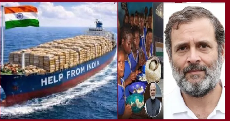 സിയറ ലിയോണ് എന്ന പട്ടിണിരാജ്യത്തിലെ കുട്ടികളിലെ പോഷാകാഹാരക്കുറവ് മാറ്റാന് ഇന്ത്യ നല്കിയ 10 ലക്ഷം കിലോ അരി പോകുന്നു (ഇടത്ത്) സിയറ ലിയോണിലെ കുട്ടികള് മോദിക്ക് നന്ദി പറയുന്ന പോസ്റ്റര് (നടുവില്)