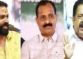 സുഗതന് (ഇടത്ത്) മേയര് രാജേഷ് (നടുവില്) രമേശ് ചെന്നിത്തല (വലത്ത്)
