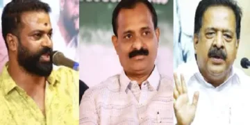 സുഗതന്‍ (ഇടത്ത്) മേയര്‍ രാജേഷ് (നടുവില്‍) രമേശ് ചെന്നിത്തല (വലത്ത്)