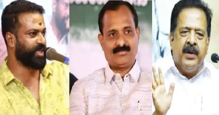 സുഗതന് (ഇടത്ത്) മേയര് രാജേഷ് (നടുവില്) രമേശ് ചെന്നിത്തല (വലത്ത്)
