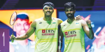 ഭാരത ടെന്നീസ് പുരുഷ ഡബിള്‍സ് ടീം സാത്വിക് സായിരാജ് രെങ്കിറെഡ്ഡി-ചിരാഗ് ഷെട്ടി സഖ്യം സിംഗപ്പൂര്‍ ഓപ്പണ്‍ ഫൈനലിന് ശേഷം